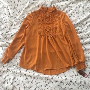 Mustard Blouse with Lace Neck